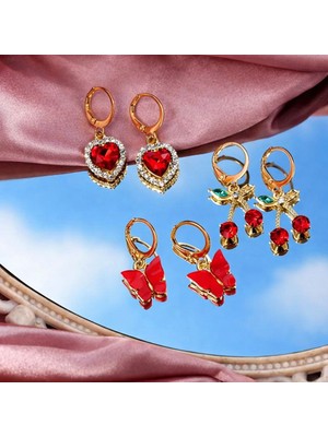 Shiklik Kalp, Kelebek ve Kiraz Figürlü Kırmızı Taşlı Halka Küpe 3'lü Set
