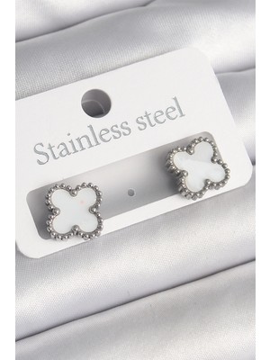 Aesco 316L Çelik Gümüş Renk Beyaz Yonca Model Kadın Küpe