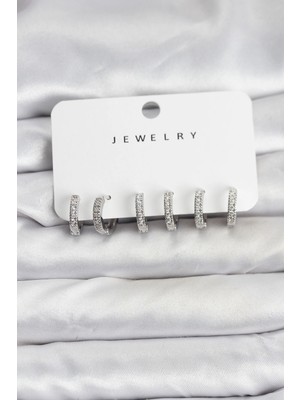 Aesco Gümüş Renk Pirinç Zirkon Taşlı Halka Kadın Küpe Seti