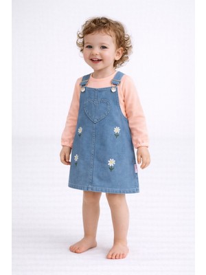 Dinamik çocuk Kız Bebek Papatya Nakışlı Kalpli Esnek Kot Görünümlü Jile & Uzun Kollu Badi Takımı– 2'li Set 6AY–2YAŞ Bayramlık Takım