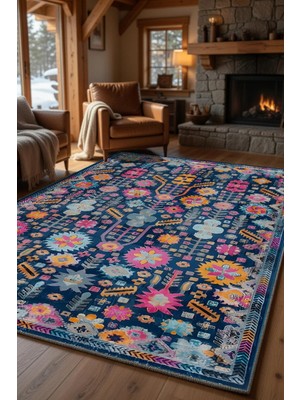 Kilim Home Lacivert Bohem Etnik Desenli Halı Renkli Modern Salon Halısı