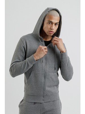 Airlife Sportswear Erkek Kapüşonlu ve Tam Boy Fermuarlı Sweatshirt Titanyum