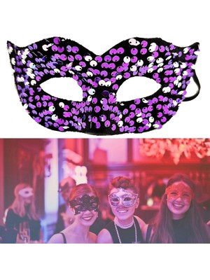 Aesco Mor Renk Arkadan Lastikli Pul Payet Işlemeli Balo After Parti Maskesi