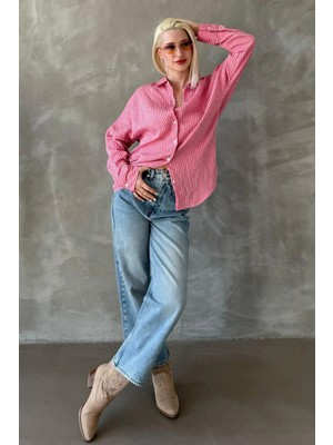 Madmext Pembe Çizgili Oversize Kadın Gömlek MG2327