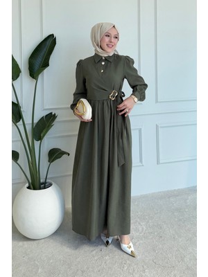 Tesettür Diyarı Malen Tesla Kumaş Gömlek Yaka Broşlu Tesettür Elbise- Haki