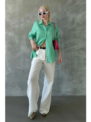 Madmext Yeşil Çizgili Oversize Kadın Gömlek MG2327