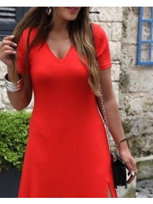 İlk El Grup Ieg™ Kadın Kısa Kollu V Yakalı Maksi Boy Viskon Elbise