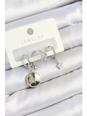 Aesco Pirinç Zirkon Taşlı Sallantılı Yıldız Model Gümüş Renk 3'lü Çift Kadın Küpe Set