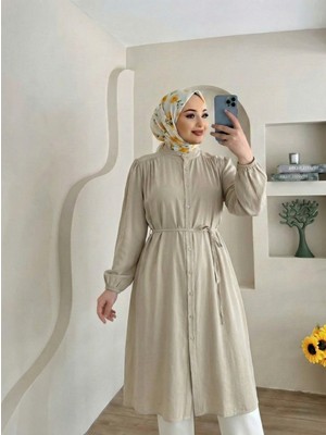 Foremia Hakim Yaka Omuz Büzgü Uzun Tunik-Taş -