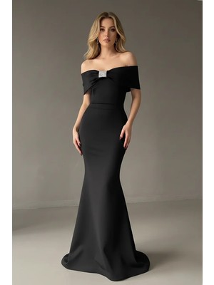 Euro Class Madonna Yaka Taş Detay Maxi Boy Scuba Kumaş Balık Abiye Elbise