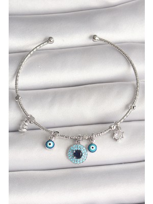 Aesco Pirinç Gümüş Renk Sallantı Zirkon Taşlı Nazar Boncuk Figür Charm Kadın Bileklik