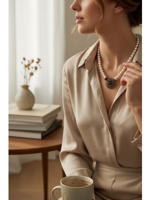 Fayra Accessories Beyaz Kristal Taşlı Dandelion Inci Kolye