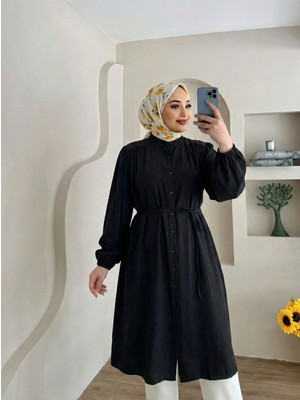 Foremia Hakim Yaka Omuz Büzgü Uzun Tunik-Siyah -