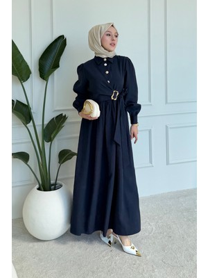 Tesettür Diyarı Malen Tesla Kumaş Gömlek Yaka Broşlu Tesettür Elbise- Lacivert