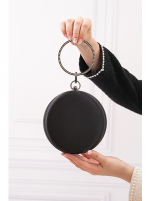 Roza Çanta Kadın Siyah Saten Yuvarlak Abiye Ğece Çantası