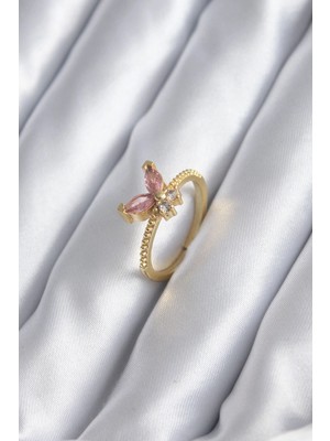 Aesco Gold Renk Pembe Zirkon Taşlı Kelebek Model Kadın Yüzük