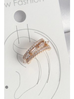 Aesco Pirinç Gold Renk Zirkon Taşlı 3'lü Sıralı Model Kadın Kıkırdak Küpe