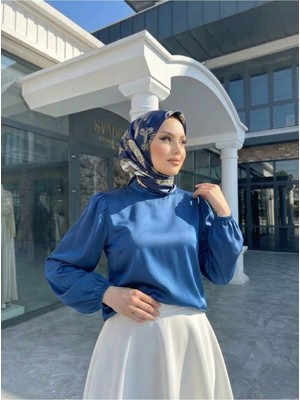 Foremia Arka Fermuar Detay Saten Tunik-Petrol Mavisi -