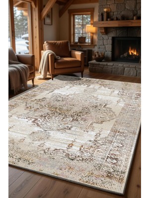 Kilim Home Premium Soft Vintage Bej Halı – Modern Klasik Medalyon Desen