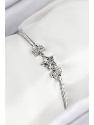 Aesco Pirinç Zirkon Taşlı Yıldız Model Gümüş Renk Kadın Bileklik