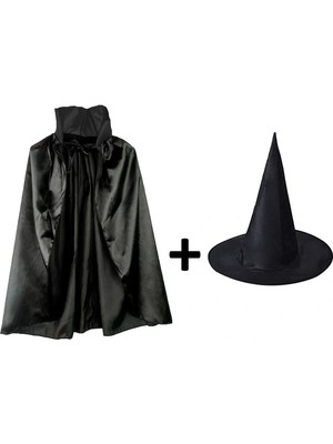 Aesco Siyah Yakalı Pelerin ve Siyah Cadı Şapkası Seti Çocuk Boy