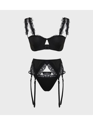 Laperissa Siyah Micro Dantel Detaylı Jartiyerli Kapsız Örme Iç Çamaşırı Takımı