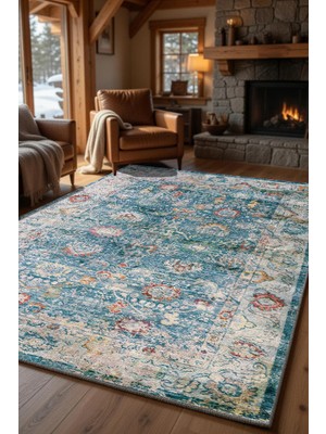 Kilim Home Turkuaz Vintage Eskitme Salon Halısı Klasik Desenli Kaymaz Taban Modern Halı