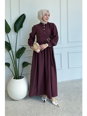 Tesettür Diyarı Malen Tesla Kumaş Gömlek Yaka Broşlu Tesettür Elbise- Mürdüm