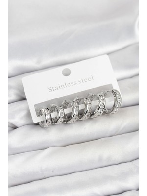 Aesco 316L Çelik Gümüş Renk Su Yolu Halka Küpe Seti