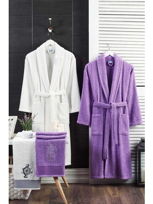 Elmira Textile 4 Parça Aile Bornoz Seti Kadın Erkek Havlulu Bornoz Takımı 100 Beyaz Lavanta