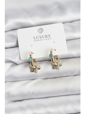 Aesco Mavi Taş Detaylı Pirinç Gold Renk Kadın Göçmen Küpesi