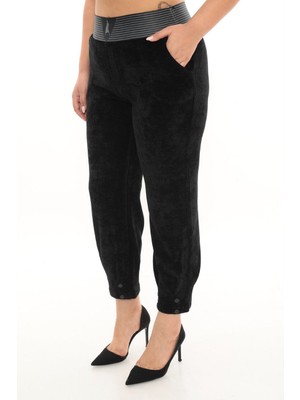 Zanessi Büyük Beden Fitilli Kadife Mom Lastikli Yüksek Bel Kadın Pantolon