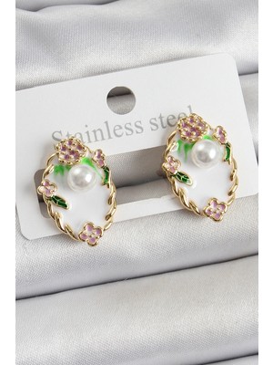 Aesco Pirinç Beyaz Mineli Inci Detaylı Sanatsal Portre Model Gold Renk Kadın Küpe