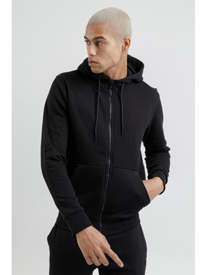 Airlife Sportswear Erkek Kapüşonlu ve Tam Boy Fermuarlı Sweatshirt Siyah