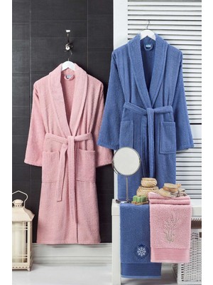 Mira Home 4 Parça Aile Bornoz Seti Kadın Erkek Havlulu Bornoz Takımı Lacivert Pembe