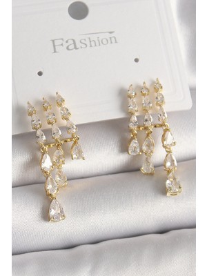 Aesco Pirinç Gold Renk Zirkon Taşlı Yağmur Model Kadın Küpe