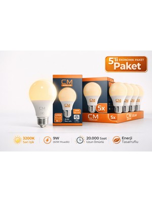 cm 9W 3200K Sarı Işık LED Ampul 5’li Paket E27 Duy Tasarruflu Uzu