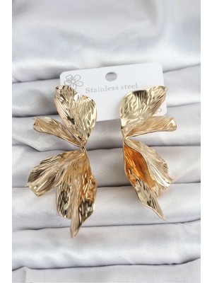 Aesco 316L Çelik Gold Renk Lotus Yaprak Kadın Küpe