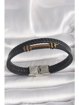Belle Fusion Mey Ithalat® 316L Çelik Gold Renk Zikzak Işlemeli Aksesuarlı Çift Sıra Burgu Desenli Deri Kordon Erkek Bileklik
