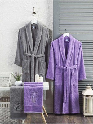 Mira Home 4 Parça Aile Bornoz Seti Kadın Erkek Havlulu Bornoz Takımı Gri Lavanta
