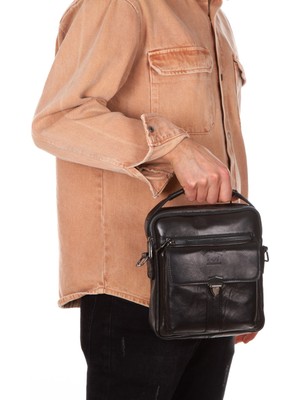 Newish Erkek Hakiki Deri Siyah Çapraz Omuz ve El Çantası NEW338
