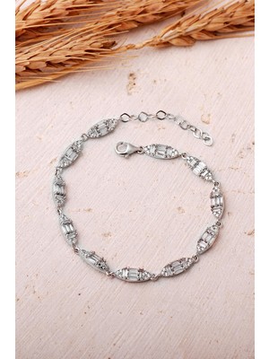 Sümer Telkari Baget Taşlı Mekik Rodyumlu 925 Ayar Gümüş Bileklik 4894