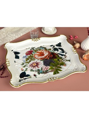 Zucci Home Sultan Buket Desenli Beyaz Servis Tepsisi | 33X42 cm | Zuccihome | Dekoratif Sunum Tepsisi