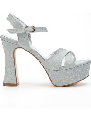 Shemard Kadın Gümüş Simli Arka Açık Platform Topuklu Abiye Ayakkabı