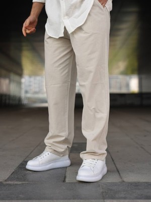 Kastrioti Baggy Geniş Paça Beli Bağcıklı ve Lastikli Keten Pantolon