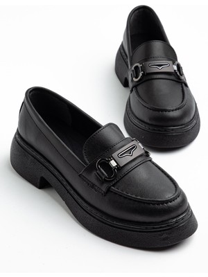 Shemard Dayna Kadın Siyah Cilt Yüksek Tabanlı Tokalı Loafer Ayakkabı