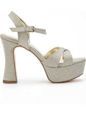 Shemard Kadın Gold Simli Arka Açık Platform Topuklu Abiye Ayakkabı