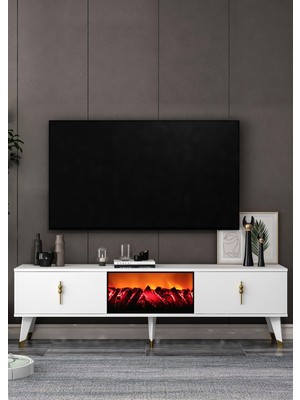 Demonte Decor TV0055-TXA150DD-32 Şömineli Tv Sehpası Beyaz-Altın
