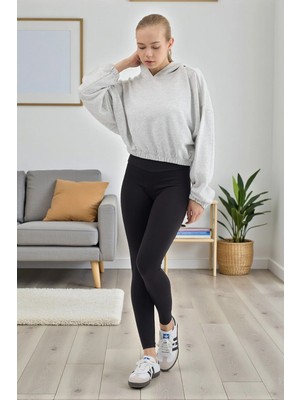 Fancy & Fun Kadın Uzun Kollu 3 Iplik Örme Kumaş Kapüşonlu Crop Sweatshirt