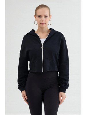 Fancy & Fun Kadın Uzun Kollu Kapüşonlu Fermuarlı Crop 3 Iplik Şardonsuz Sweatshirt